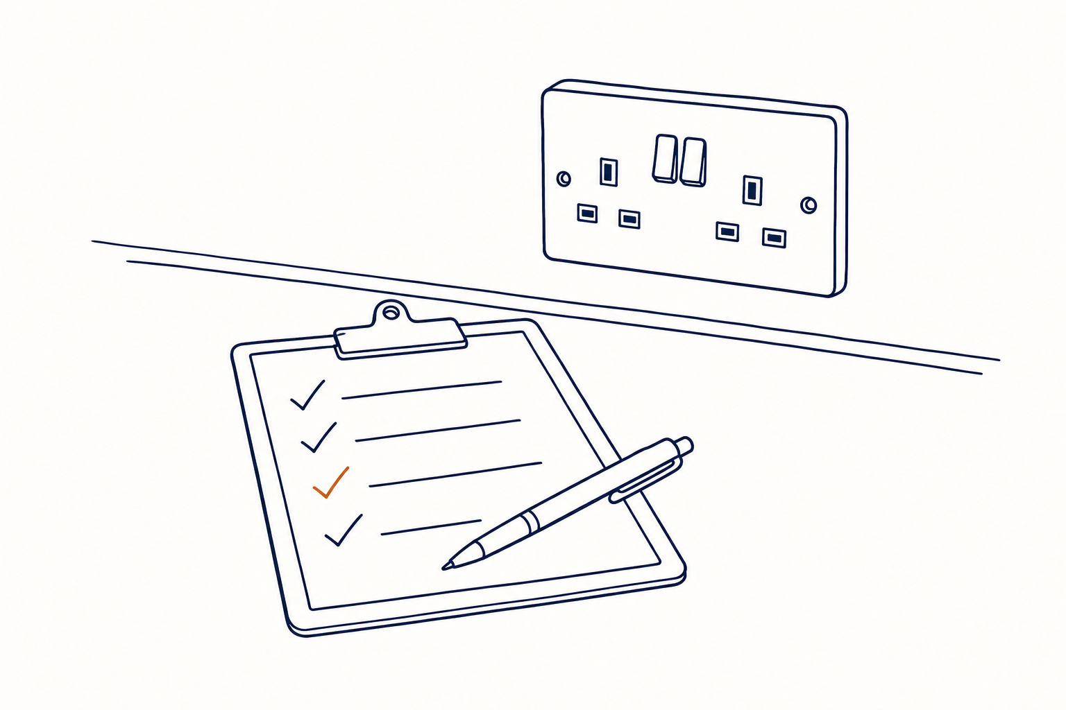Illustration of a clipboard EICR tick-list beside a UK 13A double wall socket, one tick highlighted in copper