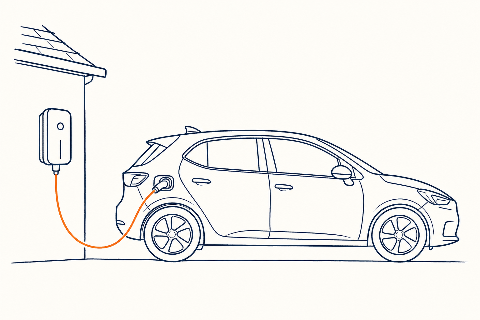 Illustration of an electric hatchback plugged into a wall-mounted home EV charger with a copper charging cable