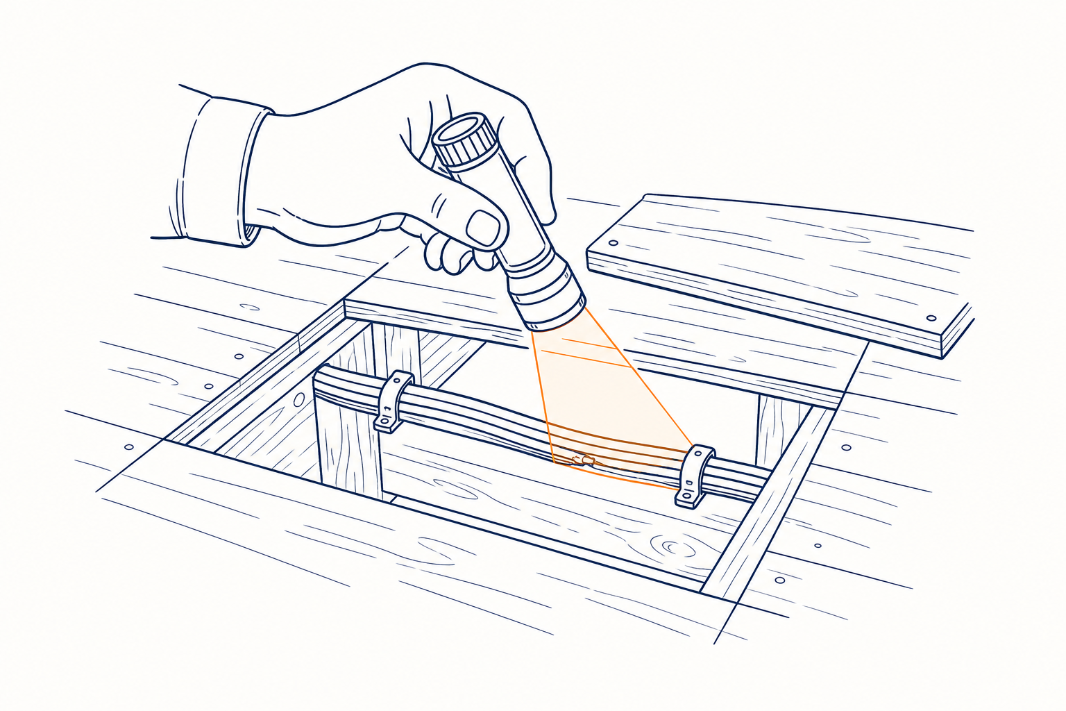 Illustration of an electrician's hand shining a torch on cables under lifted floorboards, the beam highlighted in copper