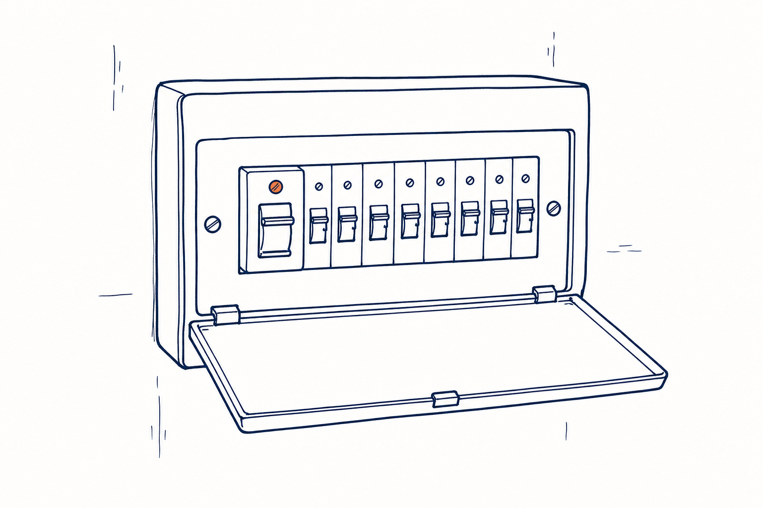 Line illustration of a UK consumer unit with cover door open, main isolator switch highlighted with a copper indicator