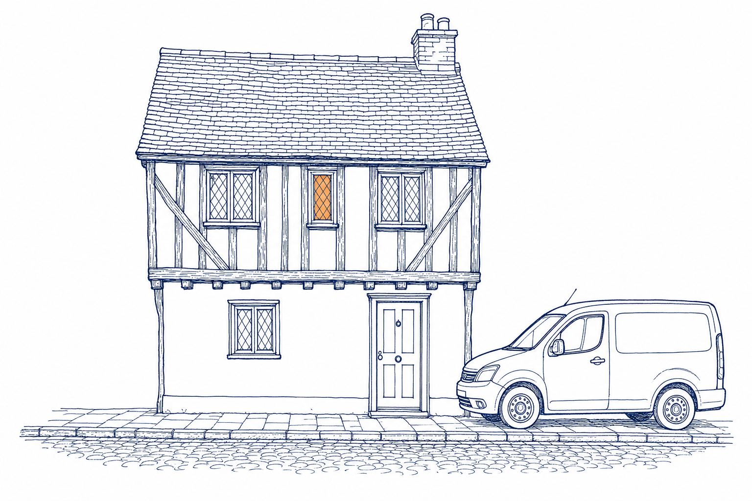 Line illustration of a Georgian Kent townhouse with a Sandwich Electrical van outside and a warm downlight glowing in the upstairs window