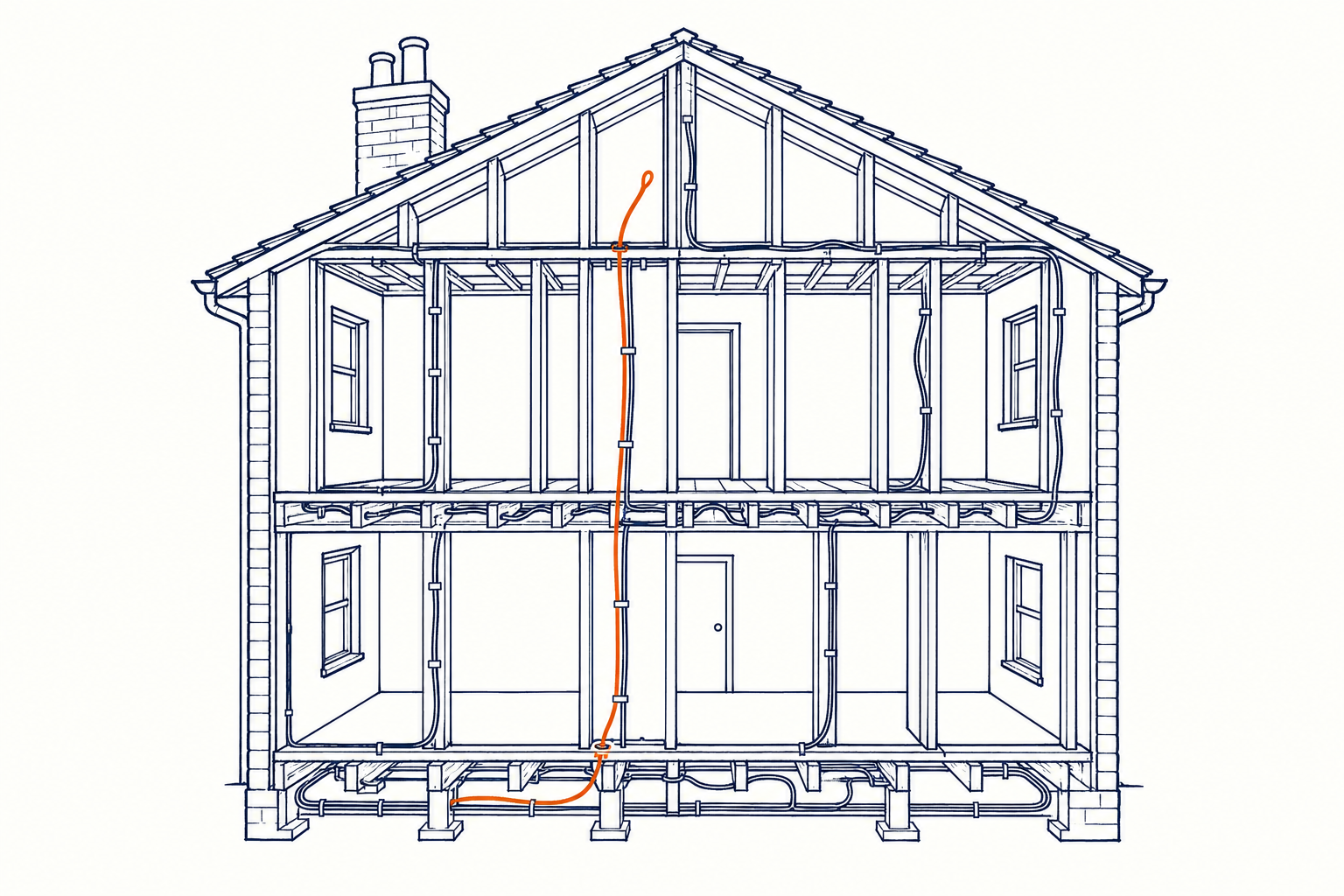 Line illustration cutaway of a Kent house showing cable runs through walls and joists, one cable highlighted in copper being pulled through