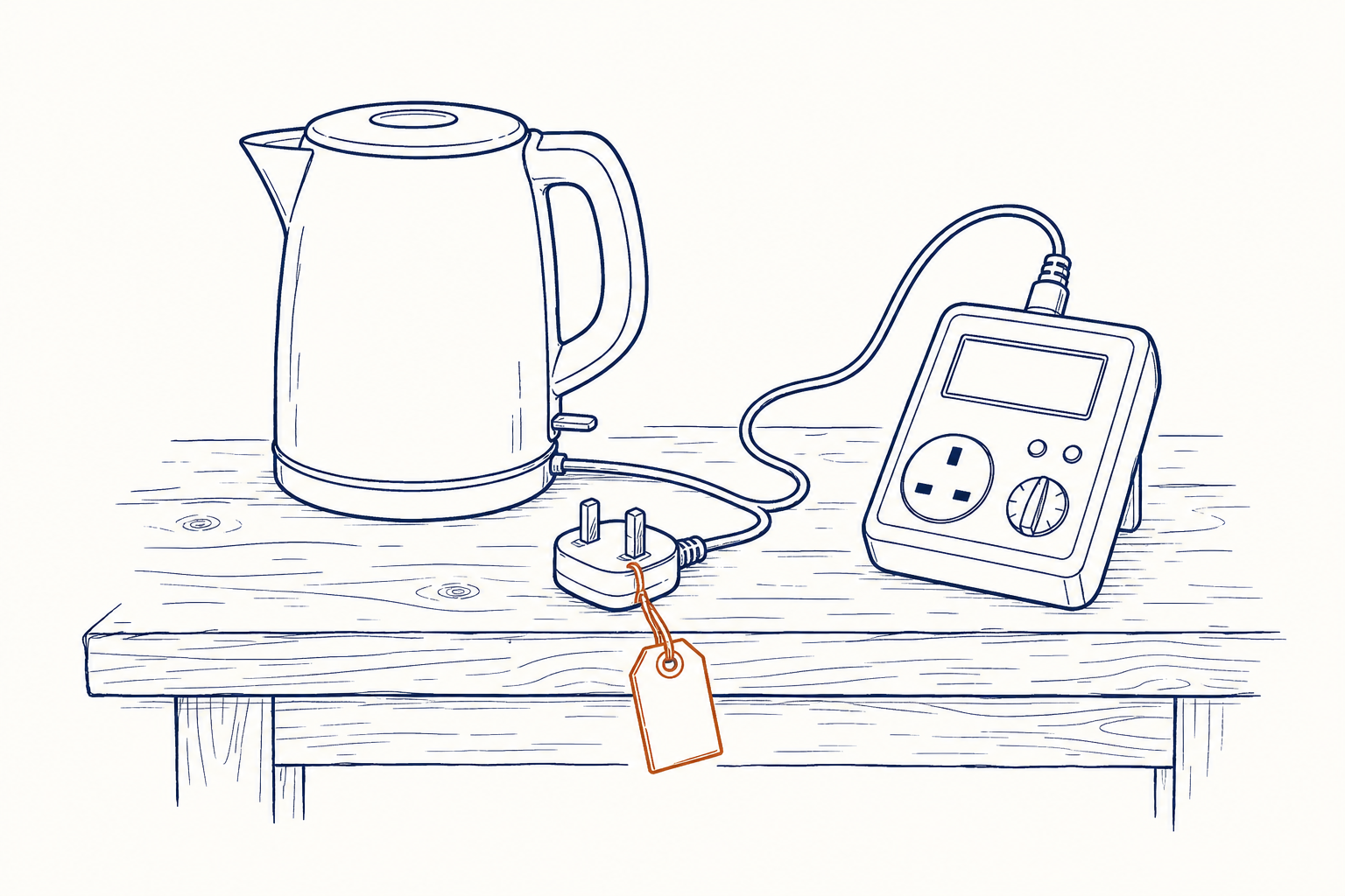 Line illustration of a kettle, its 3-pin plug attached to a PAT tester, with a copper PASS tag hanging from the plug